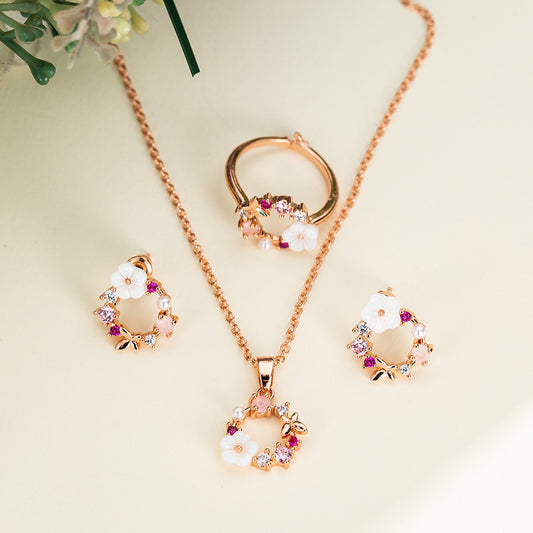 Fashion Rose Gold Crystal Pendant Necklace Earrings Rings Set