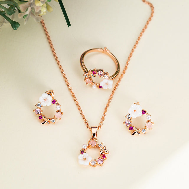 Fashion Rose Gold Crystal Pendant Necklace Earrings Rings Set