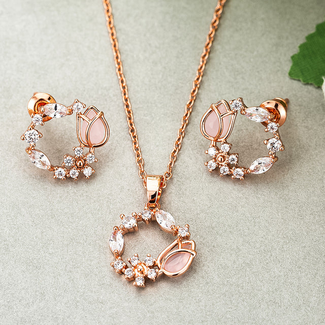 Fashion Rose Gold Crystal Pendant Necklace Earrings Rings Set