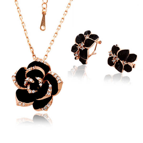 Fashion Rose Flower Enamel Jewelry Set Rose Gold